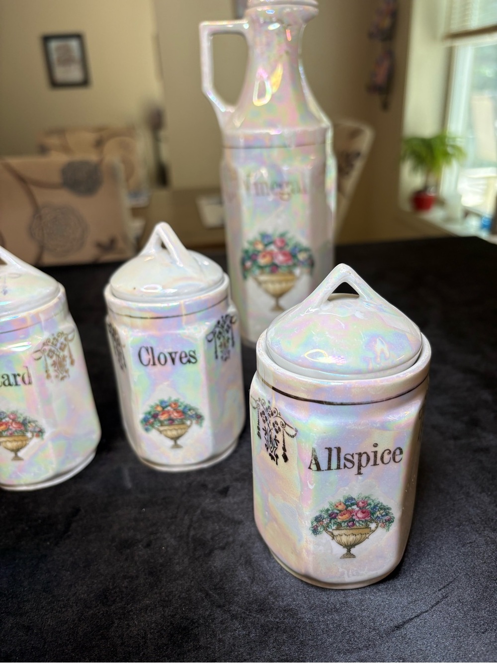 Vintage German Lustreware Spice Set/Pearlescent Finish And Floral Boutique Desi - Picture 3 of 6